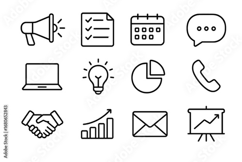 Crisis Communication Icons. Outline icon set of crisis communication planning: loudspeaker, checklist,
