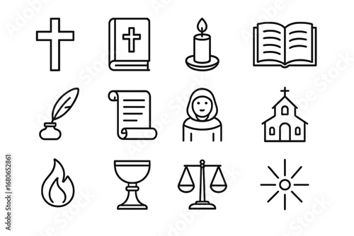 Faith and Reason Icons. Outline icon set of faith and reason: cross, Bible, candle, open book, quill, scroll,