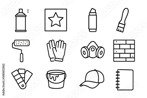 Graffiti Art Tools Icons. Outline icon set of graffiti art tools: spray paint can, stencil, marker pen,