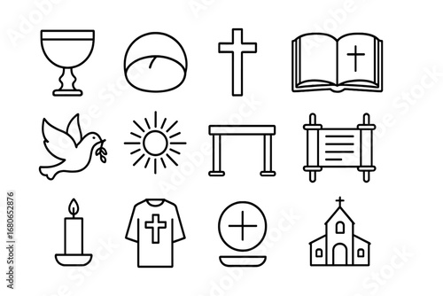 Eucharistic Symbols Grid. Outline icon set of Eucharistic controversies: chalice, bread, cross, Bible, dove,