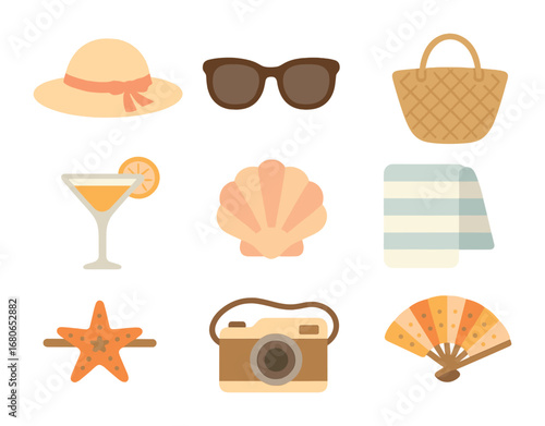 Beach Photo Props. Flat icon set of beach photo props: sunhat, sunglasses, woven bag, cocktail glass, seashell