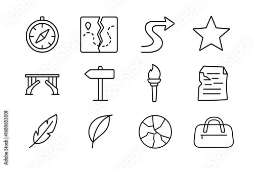 Unrealized Journeys Icons. Outline icon set of unrealized journeys: broken compass, torn map, lost path, faded