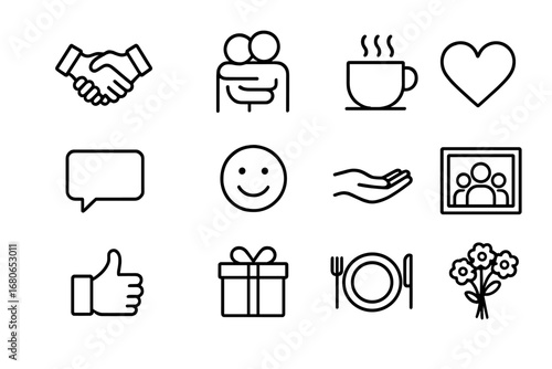 Support Icons Grid. Outline icon set of supporting a friend emotionally during a move: handshake, hug, coffee