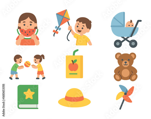 Children Picnic Icons. Flat icon set of children at a picnic: girl eating watermelon, boy flying kite, baby in