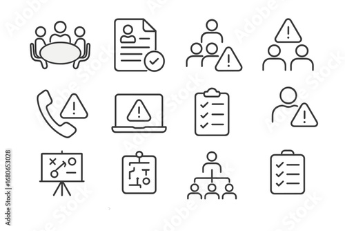 Corporate Crisis Icons. Outline icon set of corporate crisis management: boardroom, decision document, crisis