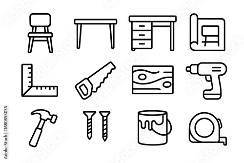 Bespoke Furniture Icons. Outline icon set of bespoke furniture designs: chair, table, desk, blueprint, ruler,