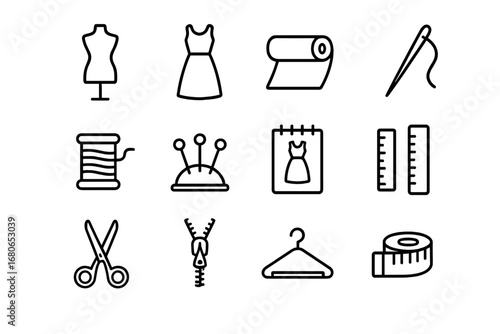 Bespoke Fashion Icons. Outline icon set of bespoke fashion designs: mannequin, dress, fabric roll, sewing