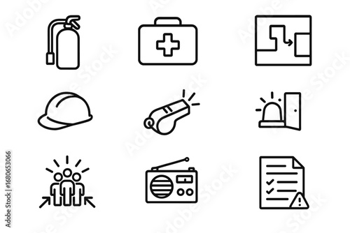 Emergency Preparedness Icons. Outline icon set of emergency preparedness: fire extinguisher, first aid kit,