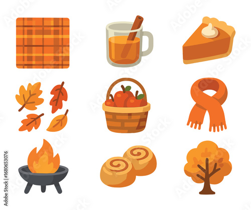 Autumn Picnic Icons. Flat icon set of fall picnic setup: plaid blanket, hot cider, pumpkin pie, apple basket,