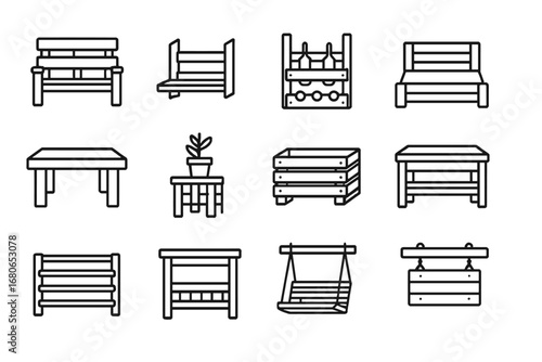 Pallet Wood Projects Icons. Outline icon set of pallet wood projects: garden bench, wall shelf, wine rack, bed