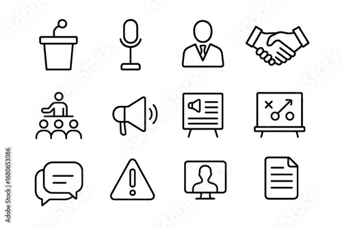 Crisis Leadership Icons. Outline icon set of crisis leadership communication: podium, microphone, leadership