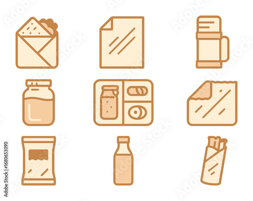 Picnic Food Packaging Icons. Flat icon set of picnic food packaging: sandwich wrap, wax paper, thermos, mason