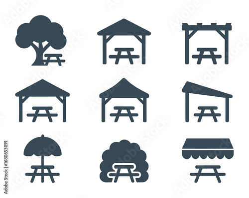 Shaded Picnic Spot Icons. Flat icon set of shaded picnic spots: large tree, gazebo, pergola, picnic pavilion,