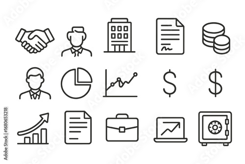 Corporate Icon Grid. Outline icon set of mergers and acquisitions advisory: handshake, company building,