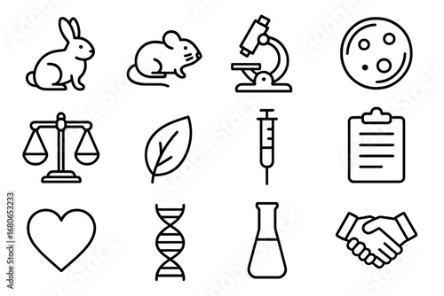 Animal Ethics Icons. Outline icon set of animal testing ethics: rabbit, mouse, microscope, petri dish, balance