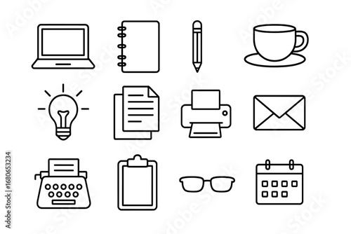 Freelance Writing Icons. Outline icon set of freelance writing: laptop, notebook, pencil, coffee cup, idea