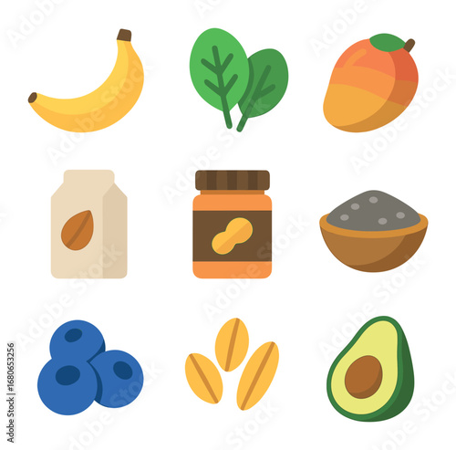 Smoothie Ingredients Icons. Flat icon set of smoothie ingredients: banana, spinach, mango, almond milk, peanut