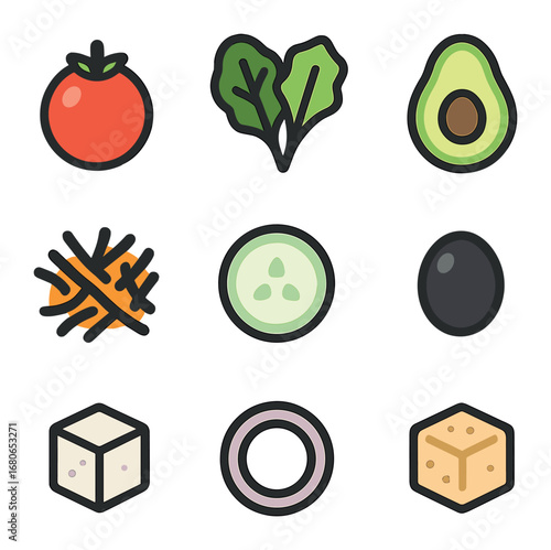 Salad Ingredients Grid. Flat icon set of salad ingredients: cherry tomato, mixed greens, avocado, shredded