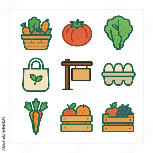 Farmers Market Icons. Flat icon set of farmers market picks: basket of produce, heirloom tomato, fresh lettuce