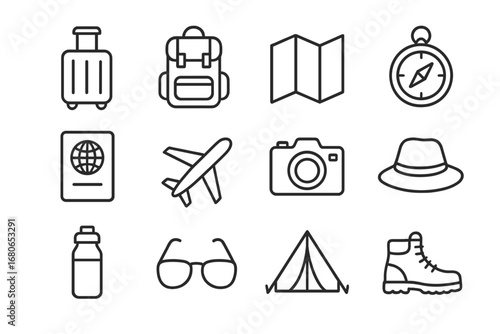 Travel Gear Icons. Outline icon set of travel gear suggestions: suitcase, backpack, map, compass, passport,