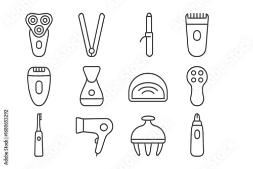 Personal Grooming Icons. Outline icon set of personal grooming devices: electric shaver, hair straightener,