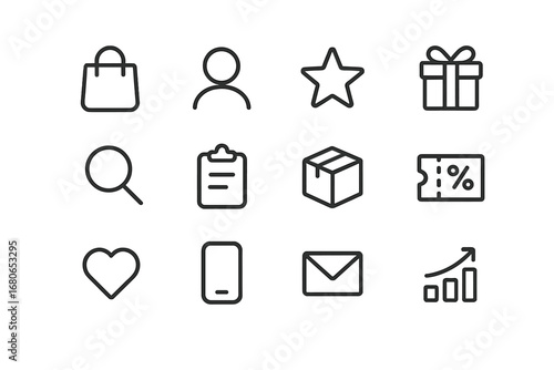 Shopping Tips Icons. Outline icon set of personalized shopping tips: shopping bag, profile avatar, star, gift,
