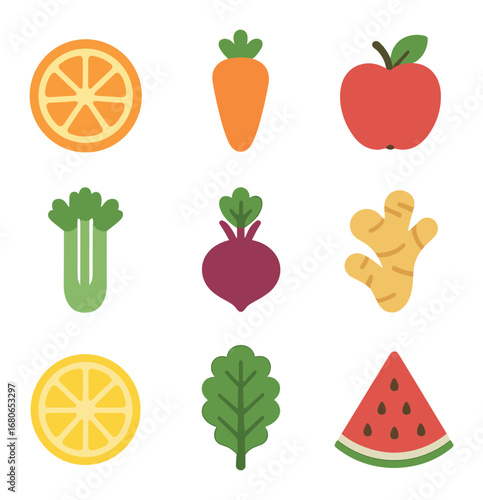 Juicing Icons Grid. Flat icon set of juicing produce: orange, carrot, apple, celery, beet, ginger, lemon, kale