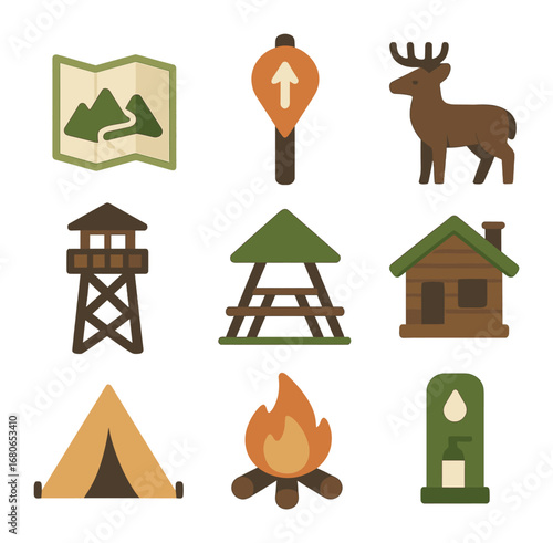 National Park Icons. Flat icon set of national park guides: park map, trailhead marker, wildlife icon, lookout