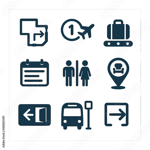 Airport Icon Set. Flat icon set of airport navigation maps: terminal diagram, gate number, baggage claim,