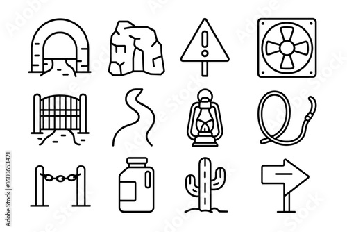 Desert Tunnel Icons. Outline icon set of desert tunnel entrance: sand arch, rock wall, warning sign,