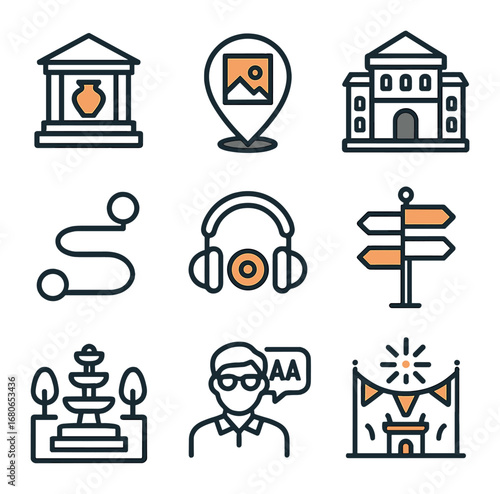 Cultural Tour Icons. Flat icon set of cultural tour plans: museum stop, art gallery pin, historic building,