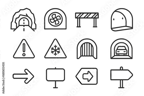 Mountain Tunnel Icons. Outline icon set of mountain tunnel: rocky arch, road line, tunnel lights, ventilation