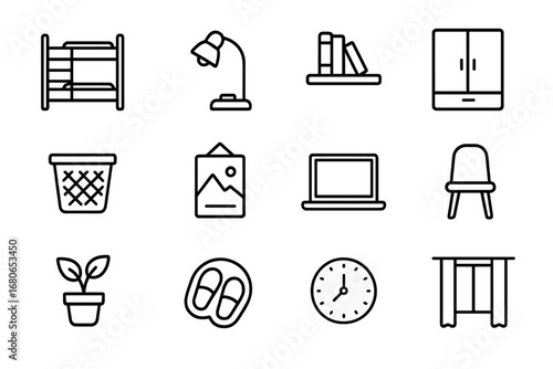 Student Dormitory Icons. Outline icon set of student dormitory living: bunk bed, desk lamp, bookshelf,