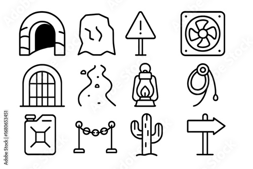 Desert Tunnel Icons. Outline icon set of desert tunnel entrance: sand arch, rock wall, warning sign,