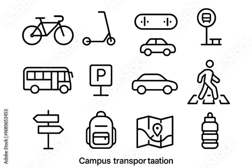 Campus Transportation Icons. Outline icon set of campus transportation: bicycle, scooter, skateboard, bus stop