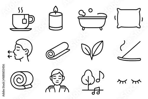 Relaxation Ritual Icons. Outline icon set of relaxation rituals: cup of tea, aroma candle, hot bath, soft