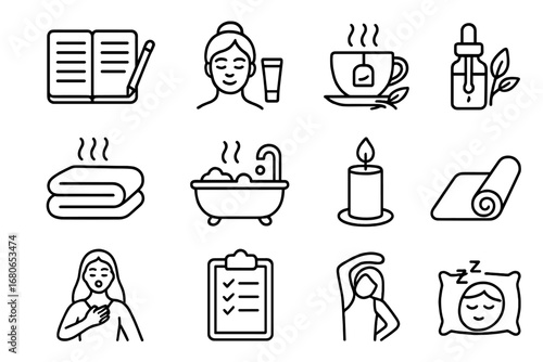 Self-Care Icons Grid. Outline icon set of self-care practices: journaling, skincare, herbal tea, essential