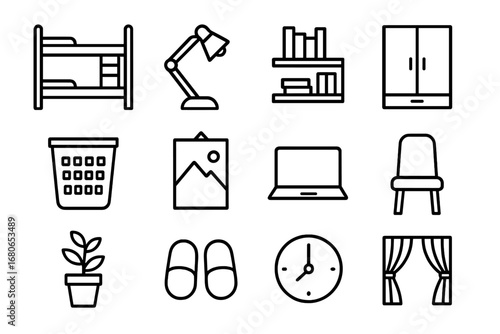 Student Dormitory Icons. Outline icon set of student dormitory living: bunk bed, desk lamp, bookshelf,