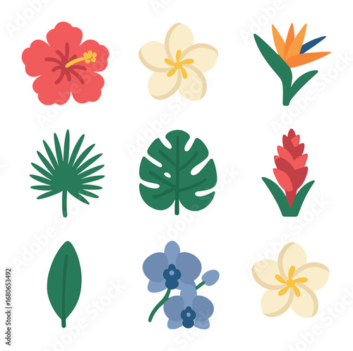 Hawaiian Flora Icon Set. Flat icon set of Hawaiian flora: hibiscus flower, plumeria, bird of paradise, palm
