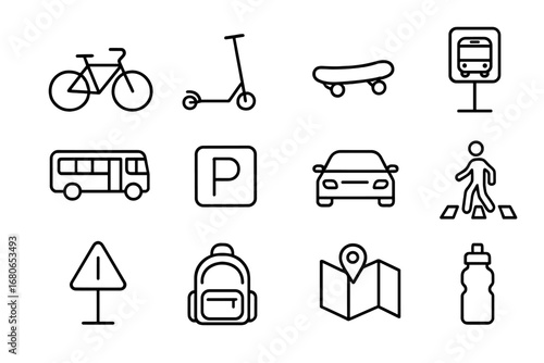 Campus Transportation Icons. Outline icon set of campus transportation: bicycle, scooter, skateboard, bus stop