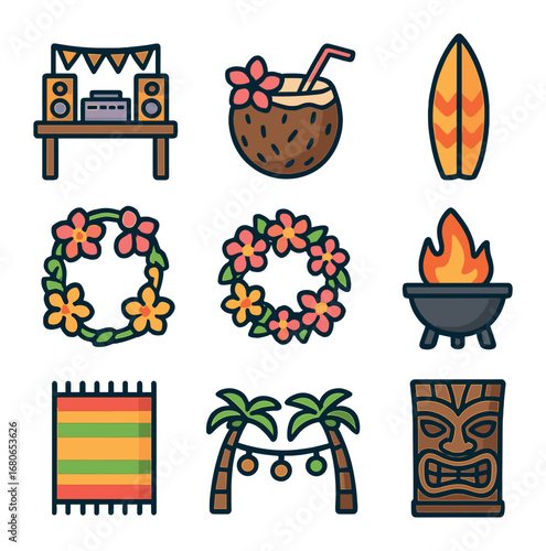 Beach Party Icons. Flat icon set of aloha beach parties: DJ booth, coconut drink, surfboard, leis, flower