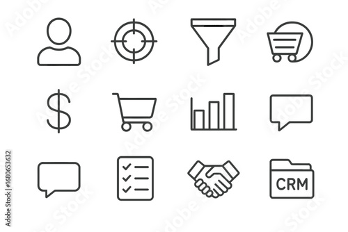 Sales Funnel Icons. Outline icon set of sales funnel management: customer profile, target icon, conversion