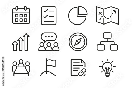 Strategic Icons Grid. Outline icon set of strategic planning: calendar, checklist, pie chart, map, arrows,