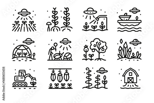 Alien Farming Icons. Outline icon set of alien farming landscapes: glowing crop fields, vine towers, energy