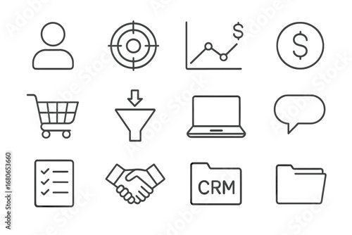 Sales Funnel Icons. Outline icon set of sales funnel management: customer profile, target icon, conversion