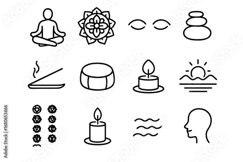 Meditation Icon Set. Outline icon set of meditation for mental wellness: person in lotus position, mandala,