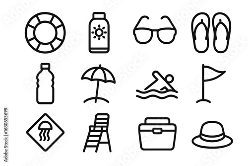 Beach Travel Icons. Outline icon set of safe beach travel: lifebuoy, sunscreen, sunglasses, flip-flops, water
