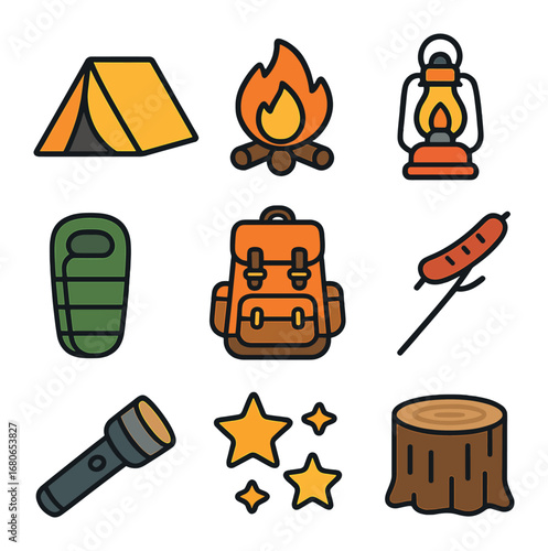 Kids Camping Icons. Flat icon set of kids beach fun: tent, campfire, lantern, sleeping bag, backpack, hotdog