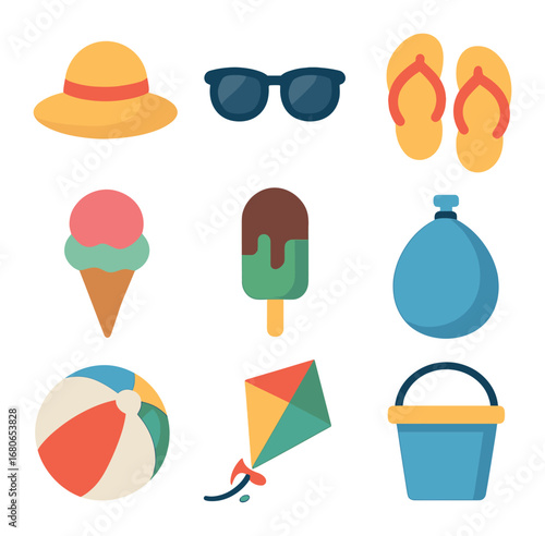 Summer Fun Icons. Flat icon set of ice cream time: sun hat, sunglasses, flip flops, ice cream, popsicle, water