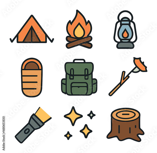 Outdoor Adventure Icons. Flat icon set of bike rides in park: tent, campfire, lantern, sleeping bag, backpack,
